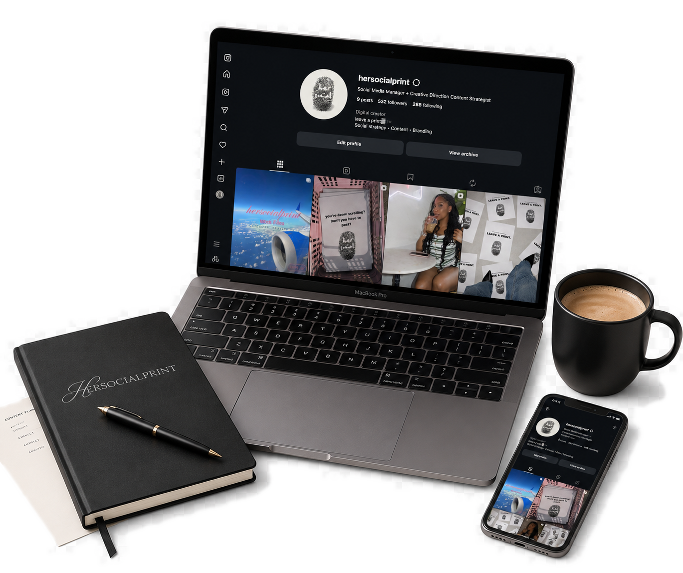 Editorial creative workspace with a laptop displaying an Instagram feed, a notebook, phone, and coffee
