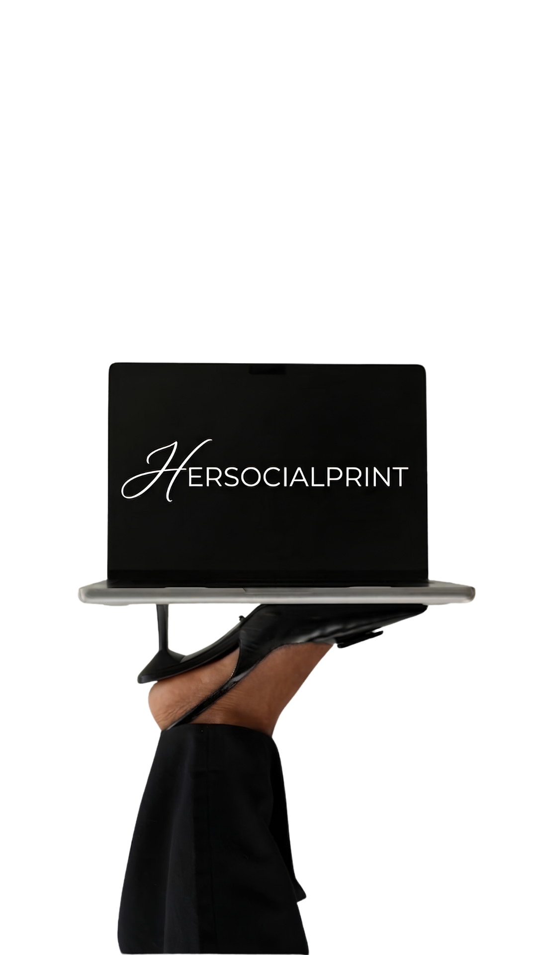 herSocialPrint brand laptop, held elevated on a black heel against a soft neutral backdrop